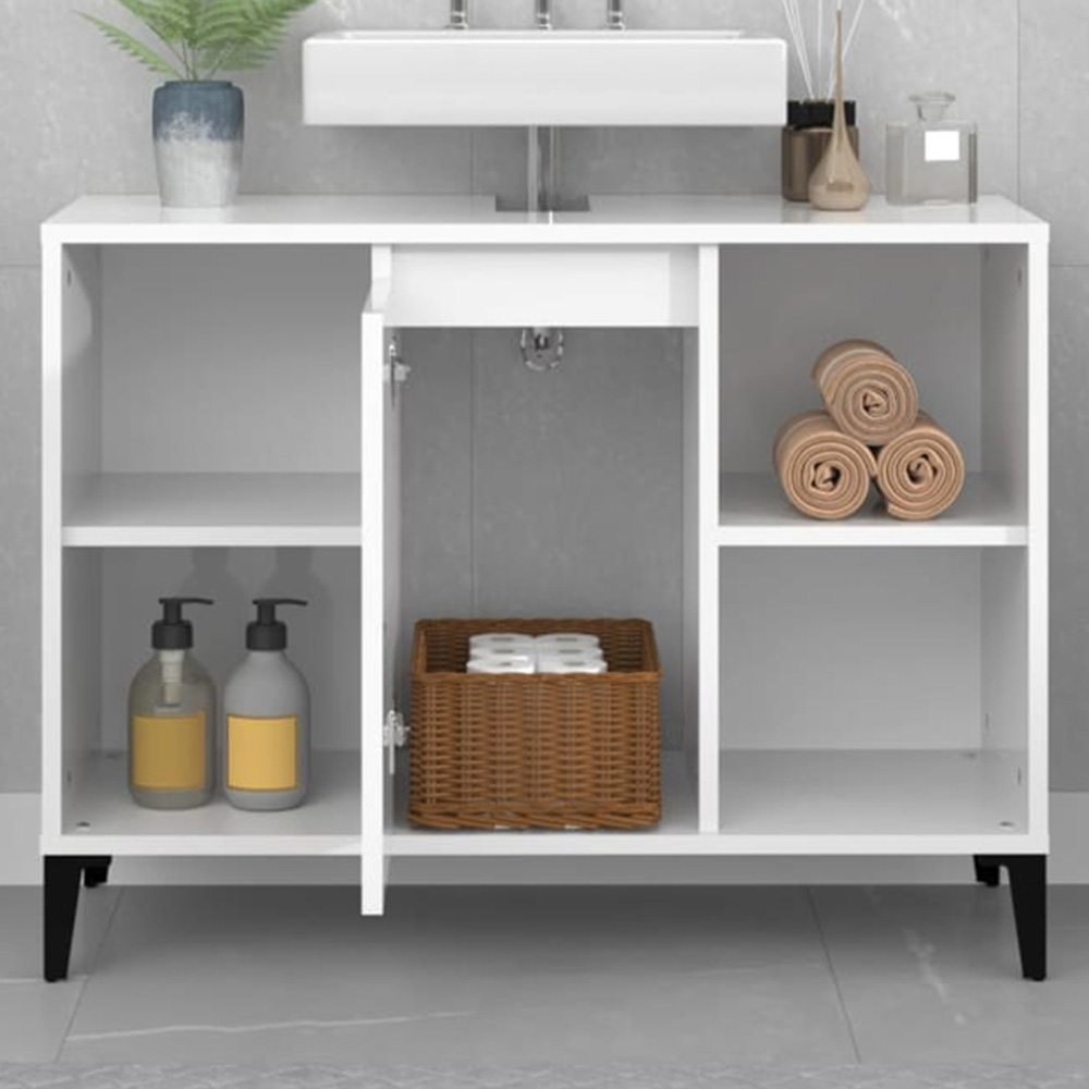 vidaXL Single Door 4 Shelf Gloss White Washbasin Cabinet Image 1