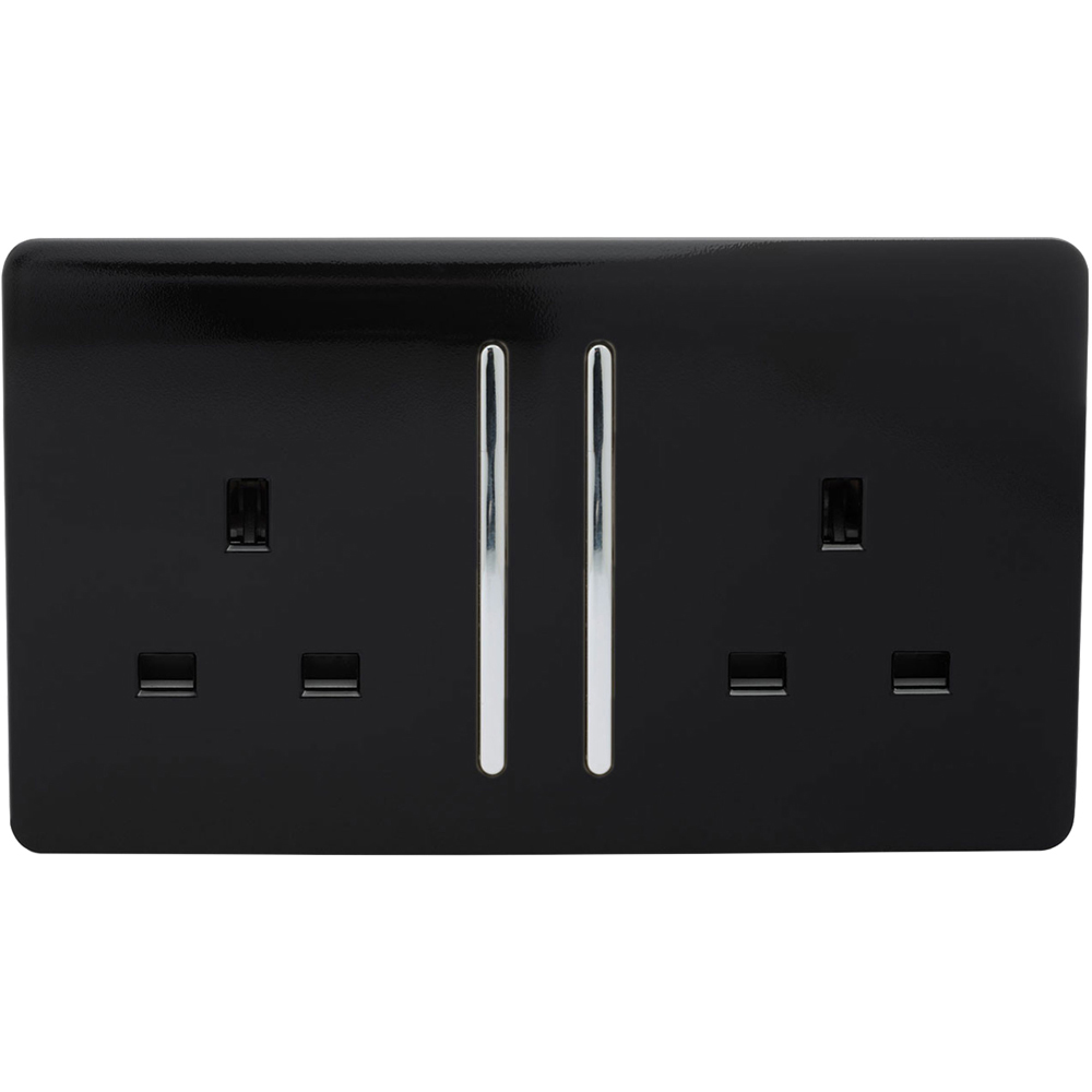 Trendi Switch 2 Gang 13amp Piano Black Long Switched Plug Socket Image 1