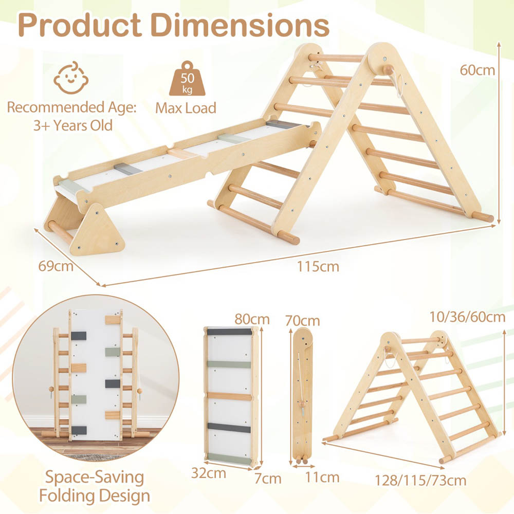 Costway 3-in-1 Natural Pikler Triangle Climbing Set with Dual Side Ramp Image 7