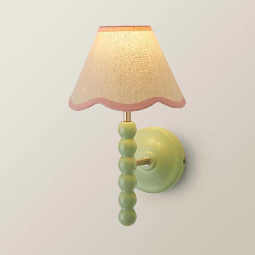 ValueLights Pink Trim Scallop Shade Green Bobbin LED Wall Light with Bulb 2 Pack Image 4