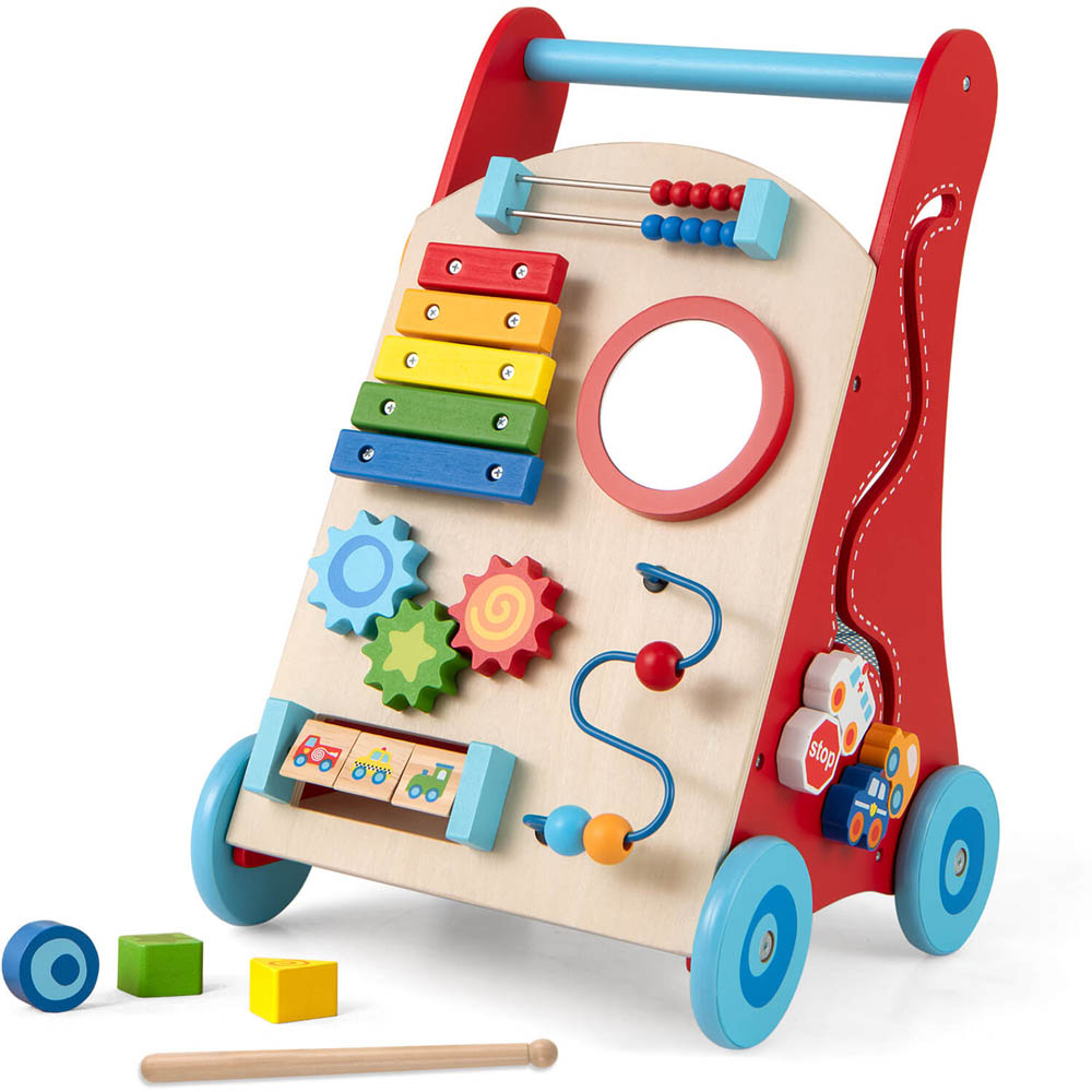 Costway Kids Red Wooden Baby Walker with Mirror Image 3