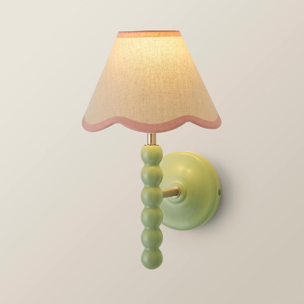 ValueLights Pink Trim Scallop Shade Green Bobbin LED Wall Light with Bulb Image 4