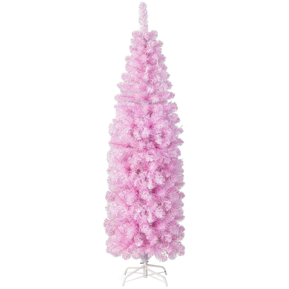 Costway Pre Lit White LED Pink Slim Artificial Christmas Tree 6ft Image 1