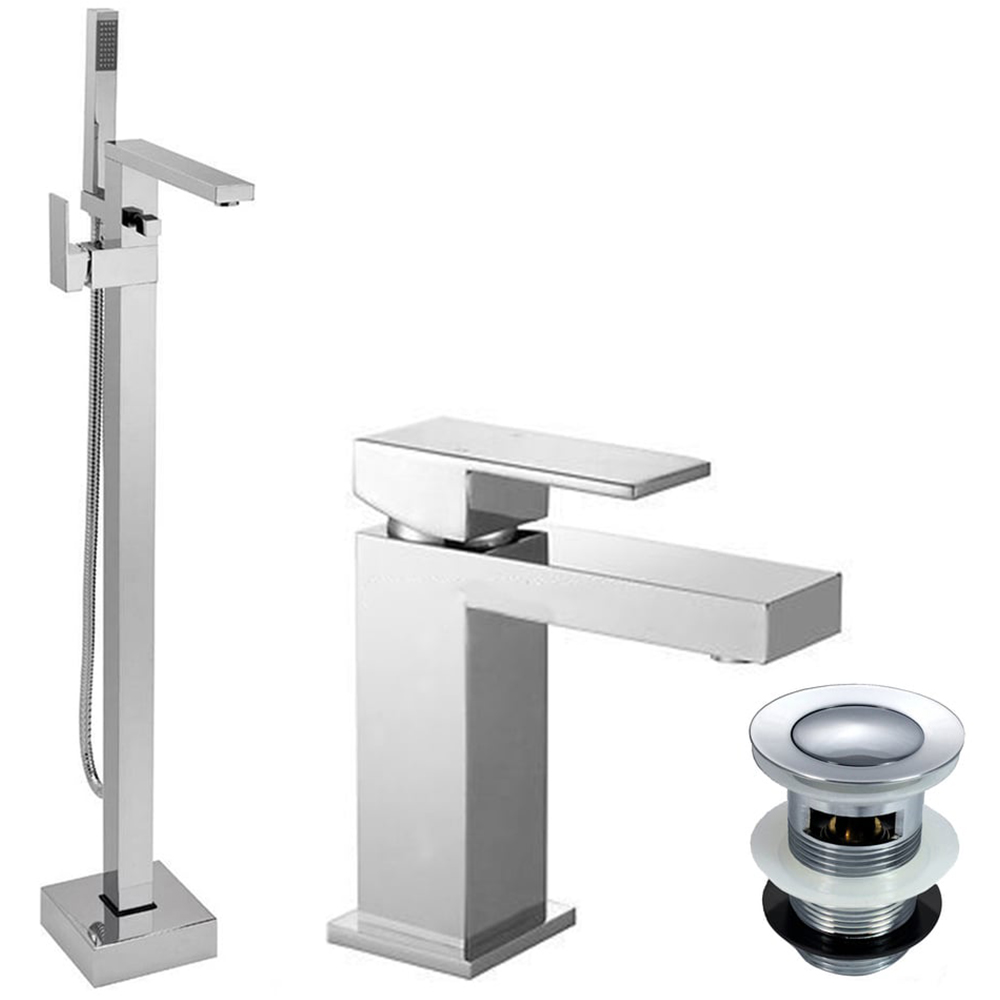 Nes Home Brayton Square Freestanding Bath Shower Mixer and Basin Mixer Tap with Waste Image 1