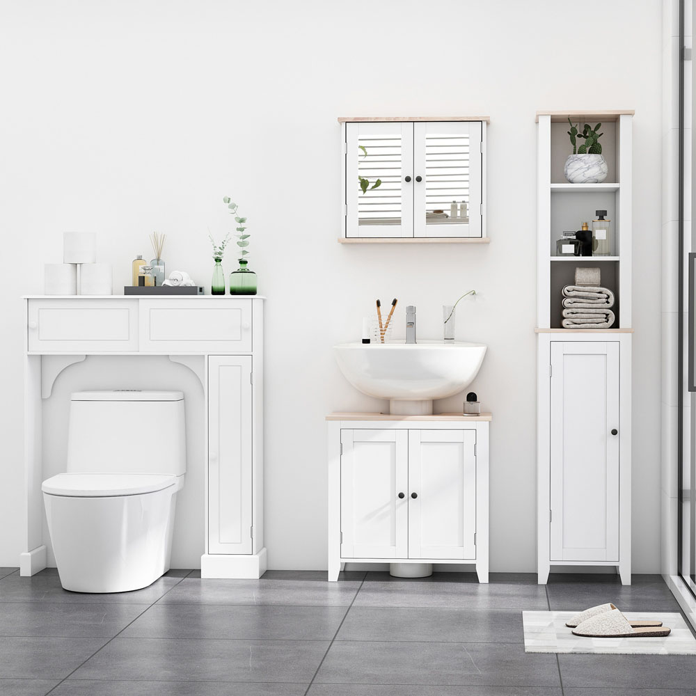 Kleankin White and Brown Wood Effect Storage Mirror Bathroom Cabinet Image 4