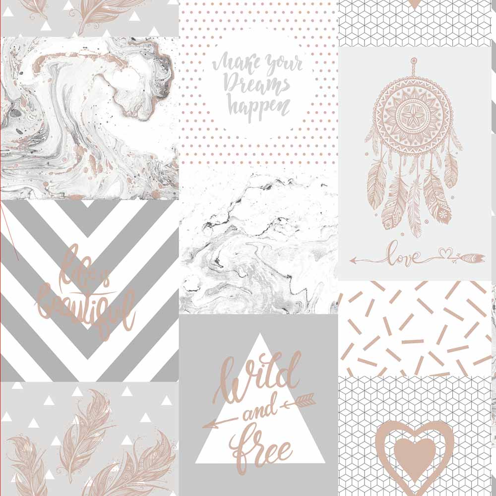 Holden Decor Life is Beautiful Grey/Rose Gold Collage Wallpaper Image 1