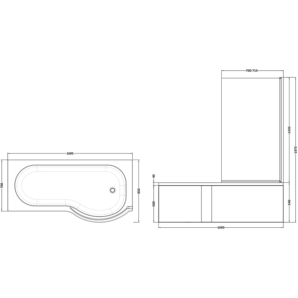 nuie 1700mm Right Hand P Shaped Bath Set Image 3