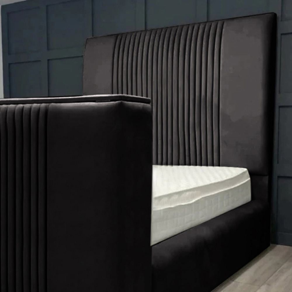 Eleganza Home Emri Super King Size Black Plush Velvet TV Bed Frame with Lined Headboard Image 2