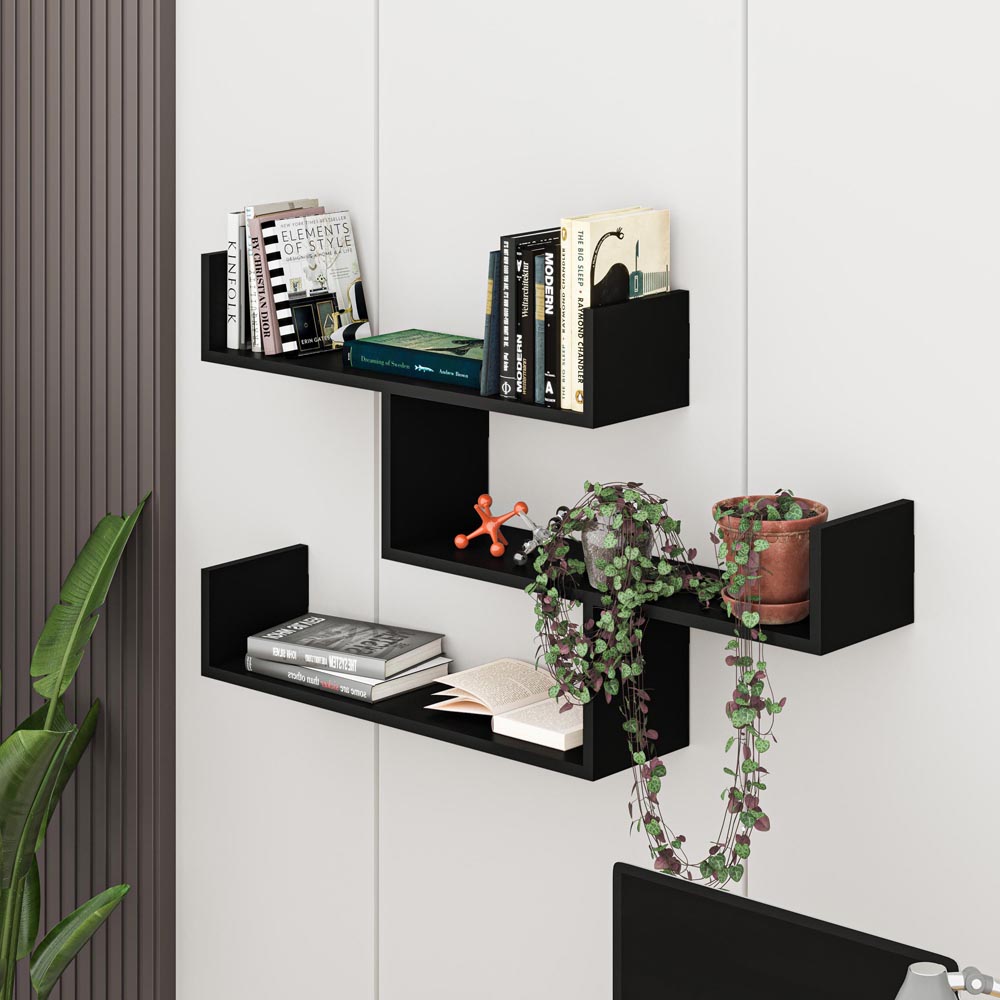 Decortie Tibet 3 Shelf Black Bute Zigzag Wall Mounted Bookcase Image 5