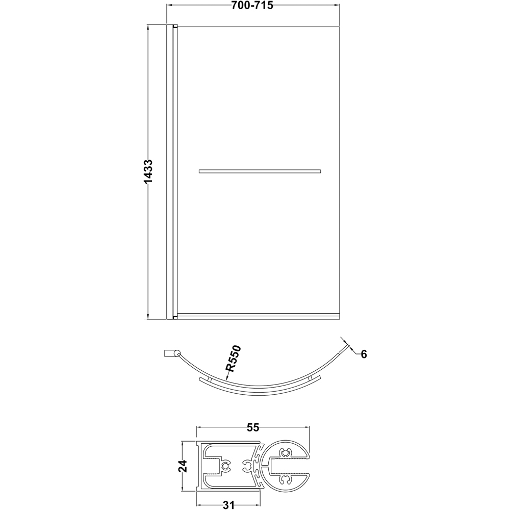 nuie P-Bath Polished Chrome Curved Bath Screen with Rail 6mm Image 3