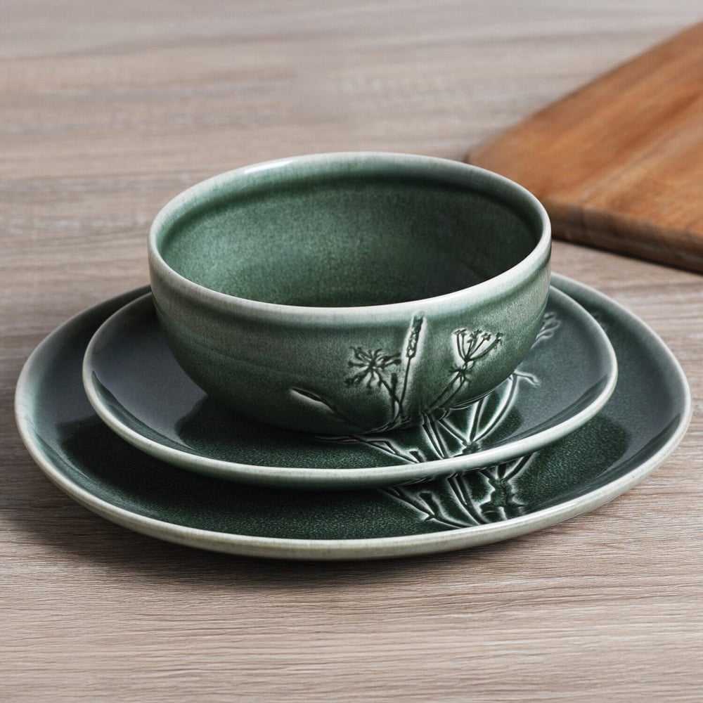 12 Piece Sage Embossed Decal Dinner Set - Green Image 2