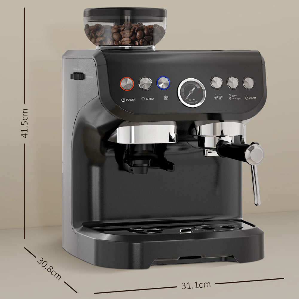 HOMCOM 800-197V70BK Black 15 Bar Pressure Espresso Machine with Bean Grinder and Steam Wand Image 9