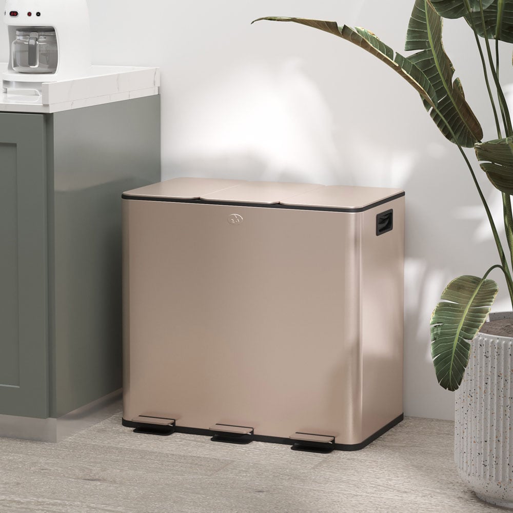 HOMCOM Gold Tone Triple Kitchen Bin Pedal Bin 45L Image 2