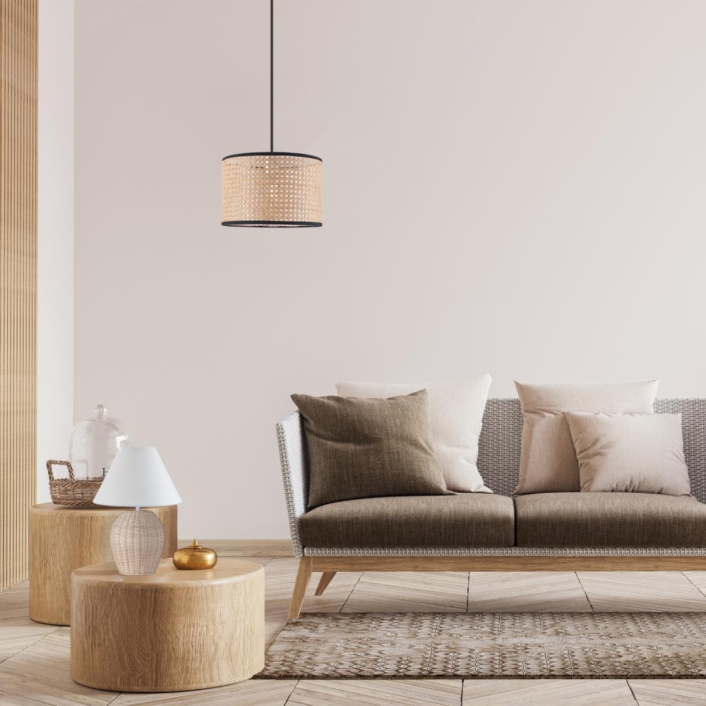 Happy Homewares Natural Wicker Rattan Drum Shaped Pendant Shade with Black Cotton Trims Image 2