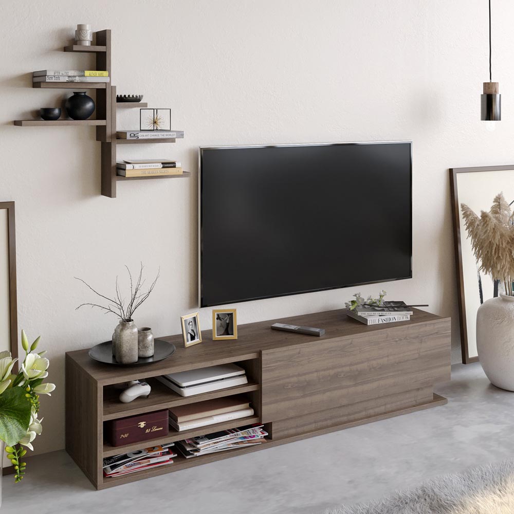 Decorotika Linda 3 Shelf Walnut TV Unit and 6 Tier Wall Shelf Image 5