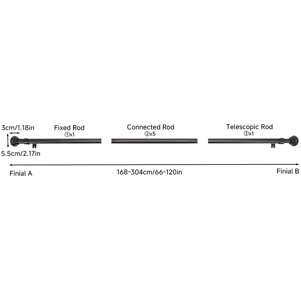 Living and Home 168-304cm Glossy Black Telescopic Curtain Pole with Brackets and Round Finial Image 8