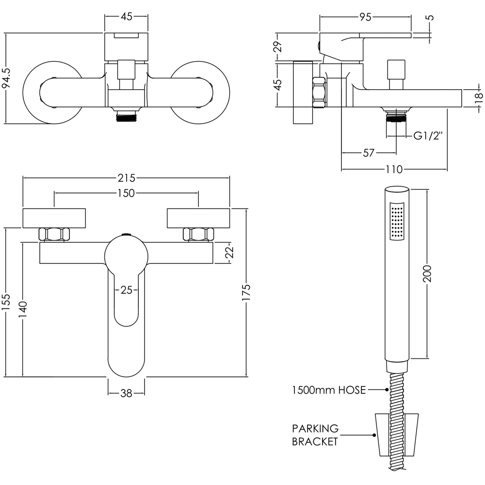 nuie Chrome Wall Mounted Bath Shower Mixer with Kit Image 2