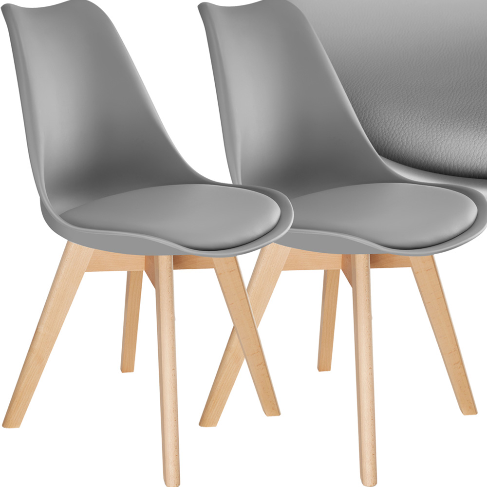 tectake Frederikke Set of 2 Grey Padded Dining Chair with Wooden Legs Image 2