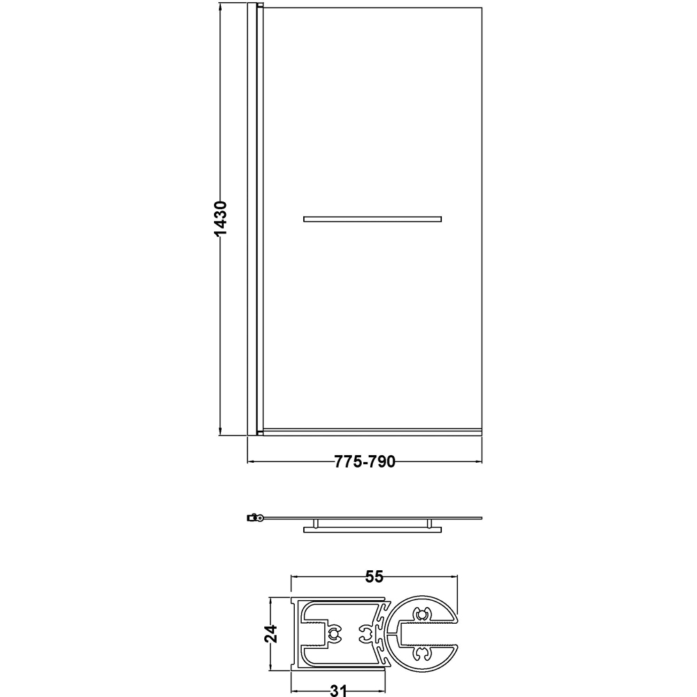 nuie Chrome Square Shower Bath Screen with Fixed Rail 790mm Image 3
