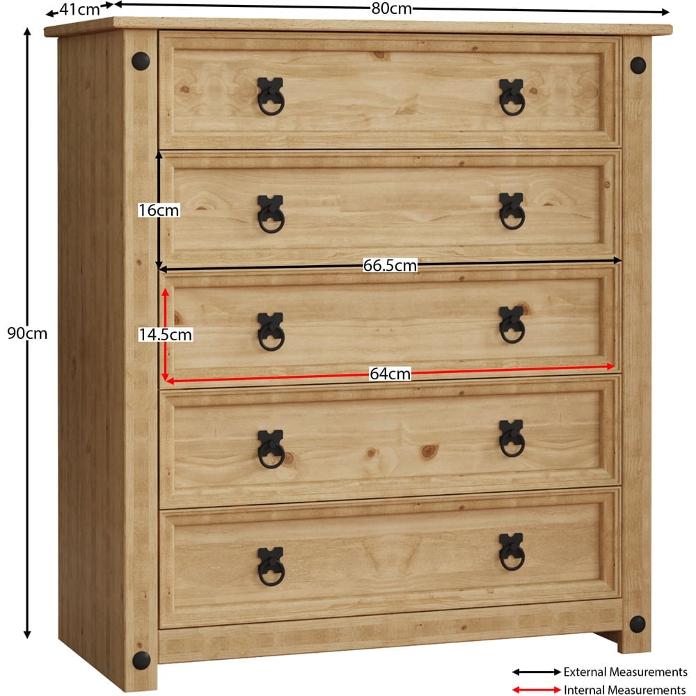 Vida Designs Corona 5 Drawer Rustic Pine Chest of Drawers Image 9