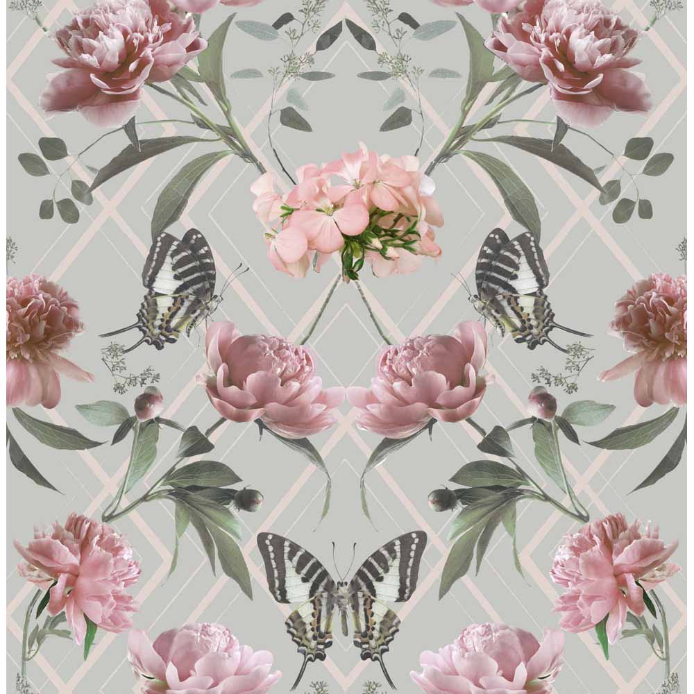 Sublime Botanical Trellis Grey/Pink Wallpaper Image