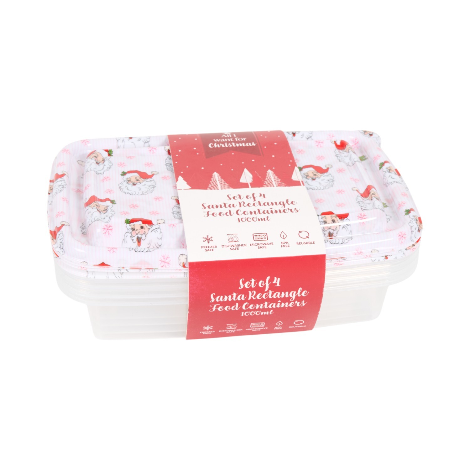 Pack of 4 Santa Rectangle Food Containers Clear Image 1