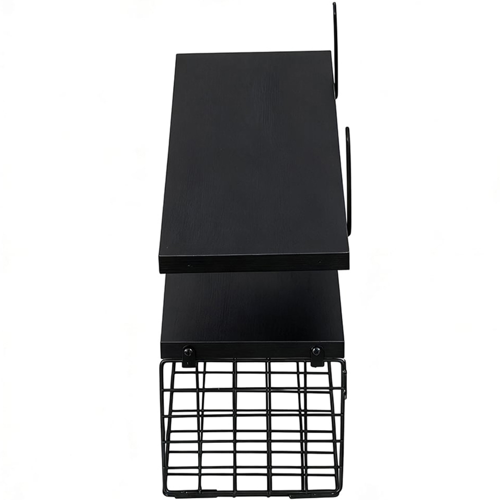 Living and Home Black 2-Tier Wall-Mounted Floating Shelf with Wire Basket Image 4