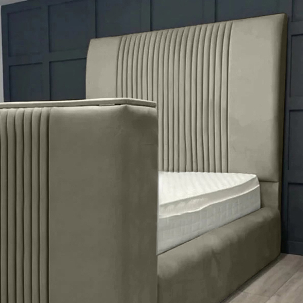 Eleganza Home Emri Double Grey Plush Velvet TV Bed Frame with Lined Headboard Image 2
