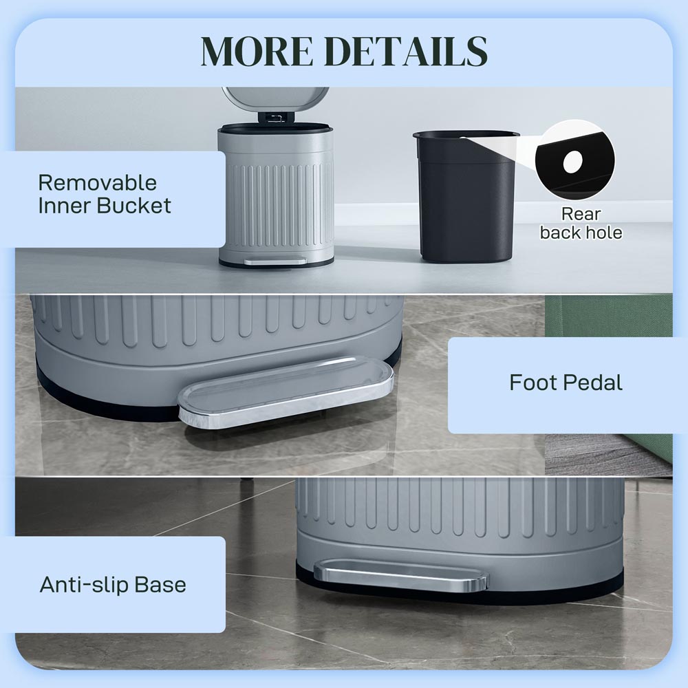 HOMCOM Light Grey Metal Pedal Kitchen Bin with Soft Close Lid 20L Image 7