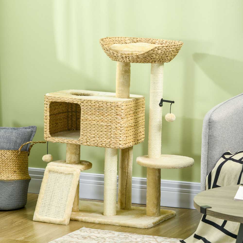 PawHut 95cm Cat Tree Tower w/ Scratching Post, Cat House, Ball, Platform - Beige Image 2