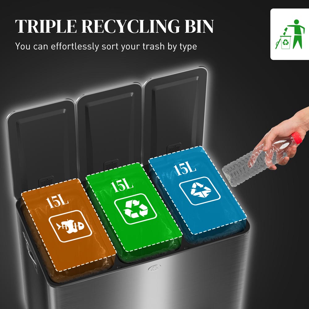HOMCOM Triple Black Pedal Kitchen Bin 45L Image 4