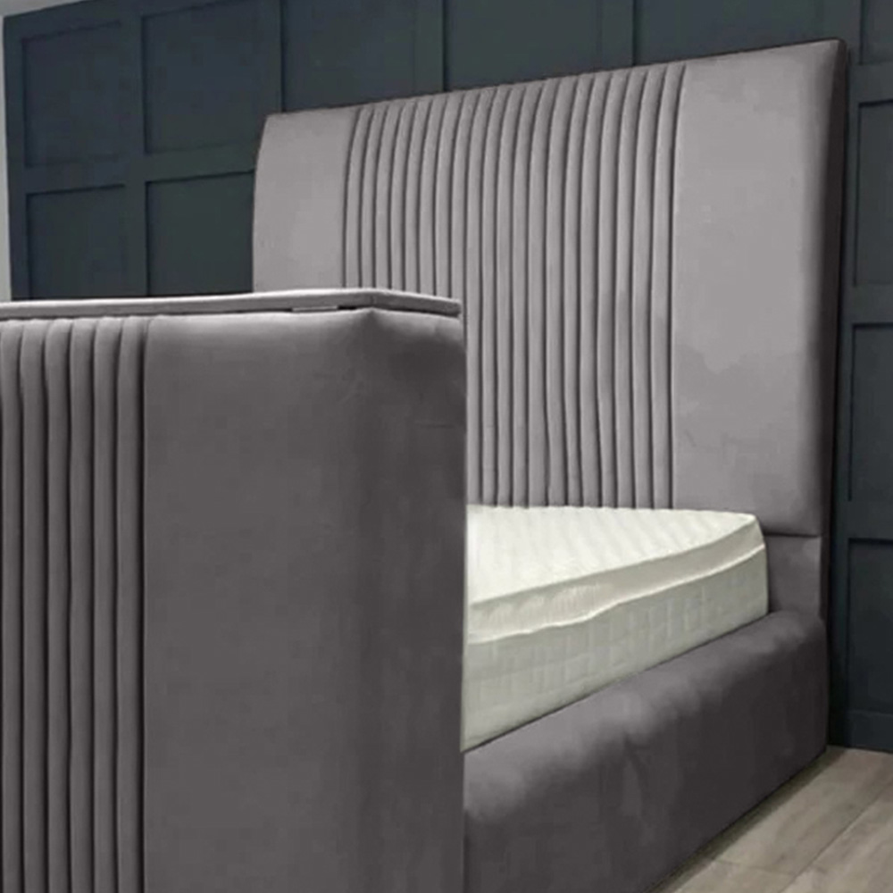 Eleganza Home Emri Super King Size Silver Plush Velvet TV Bed Frame with Lined Headboard Image 2