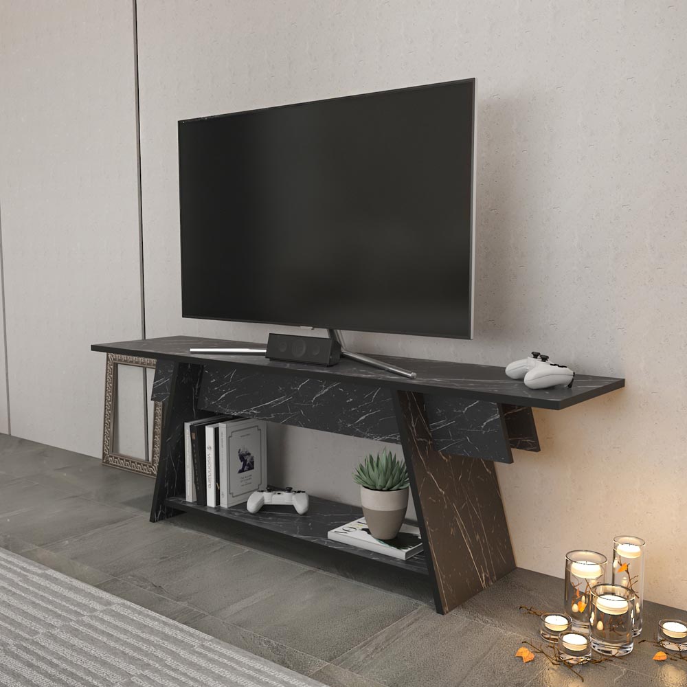 Decorotika Lanca Single Shelf Black Marble Effect TV Unit Image 4