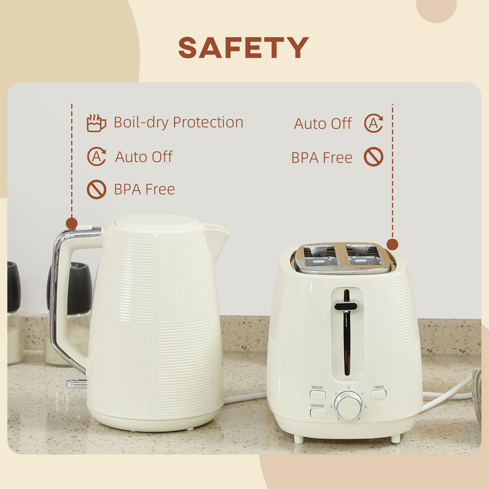 HOMCOM 800-233V70CW Cream 1.7L Fast Boil Electric Kettle 3000W and 2 Slice Water Toaster Set Image 7