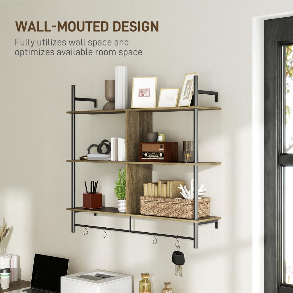 Portland 3 Shelf Grey Wood Effect Wall Unit with 4 Hooks Image 6