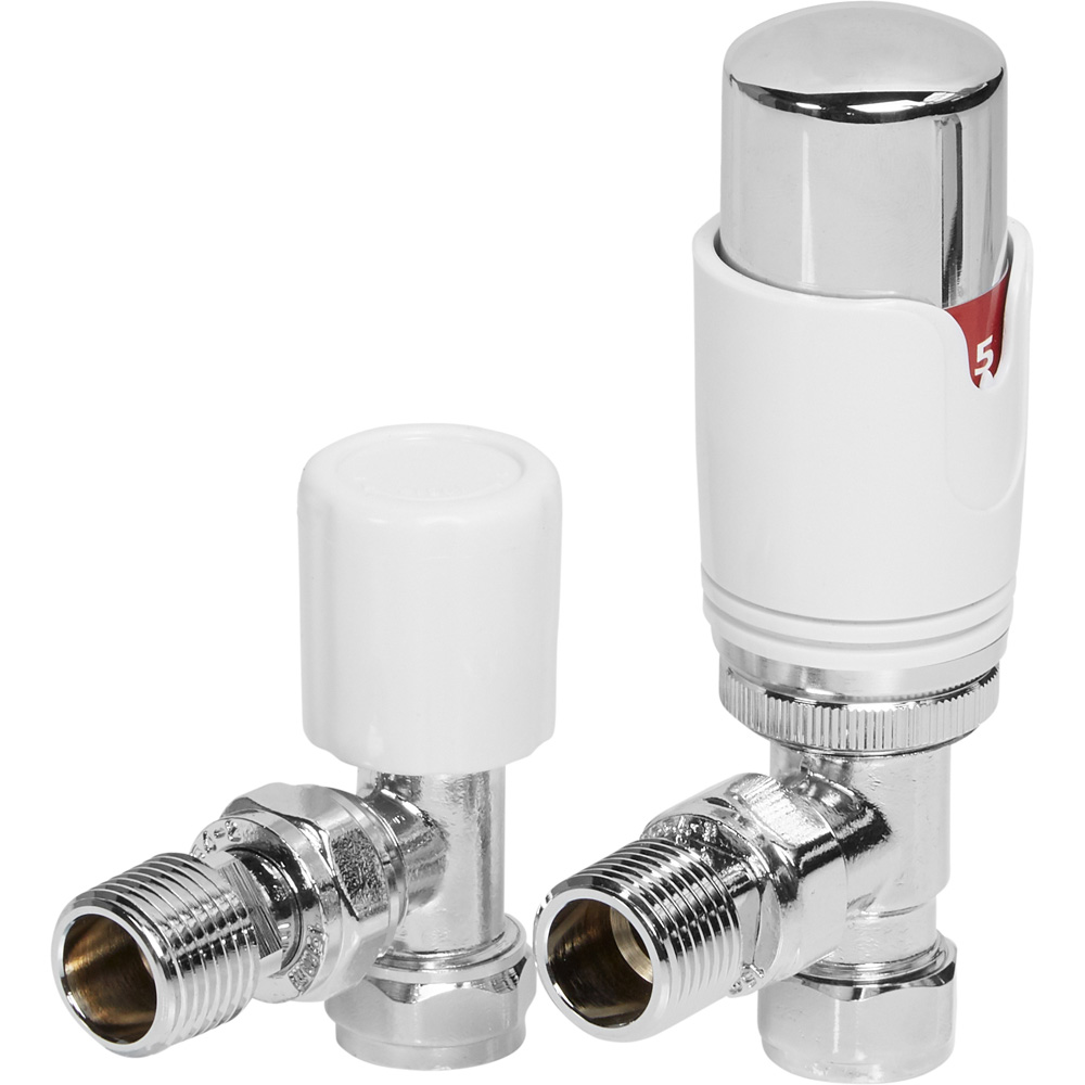 Towelrads White Angled TRV and Lockshield Set 15mm x 1/2inch Image 1