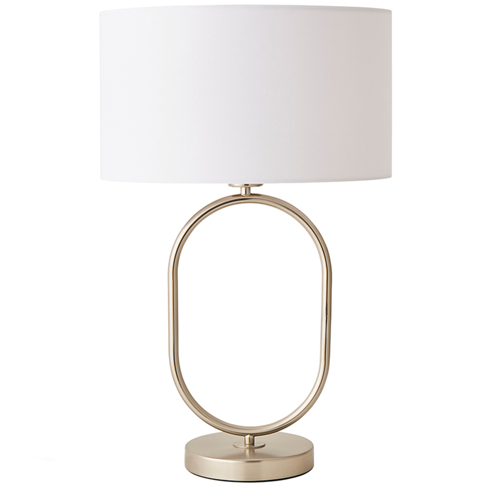 ValueLights Antonia White Fabric Drum Lamp Shade Brushed Chrome Oval LED Table Lamp Image 1