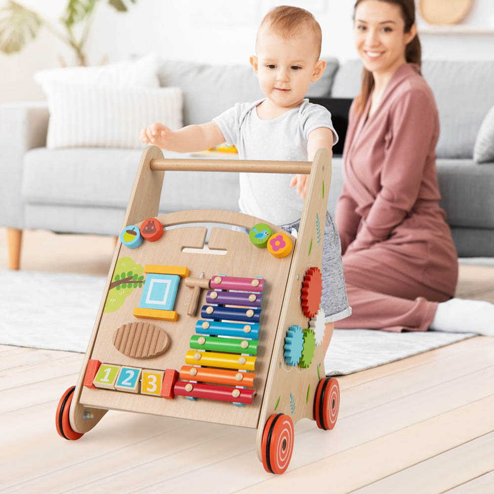 Costway Natural Wooden Baby Push Walker with Learning Activity and Storage Image 2