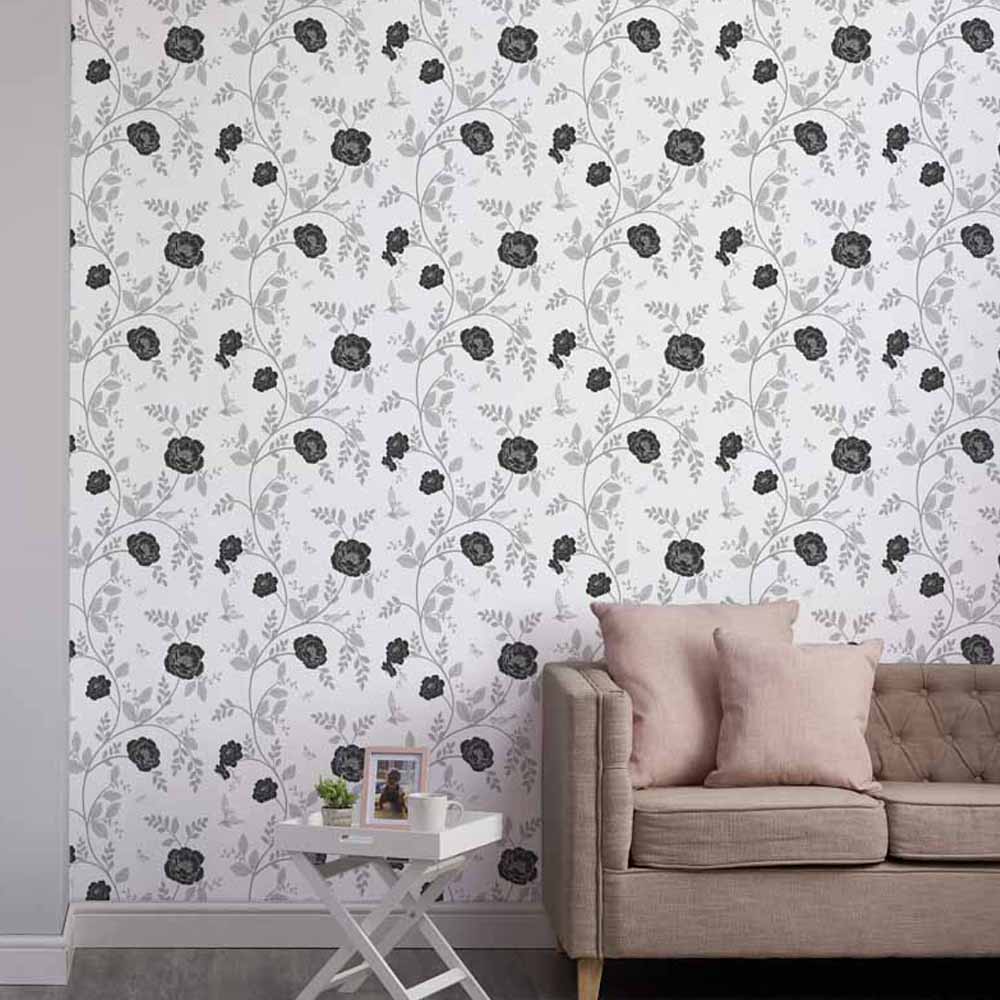 Wilko Rosanna Floral Black and White Wallpaper Image 2