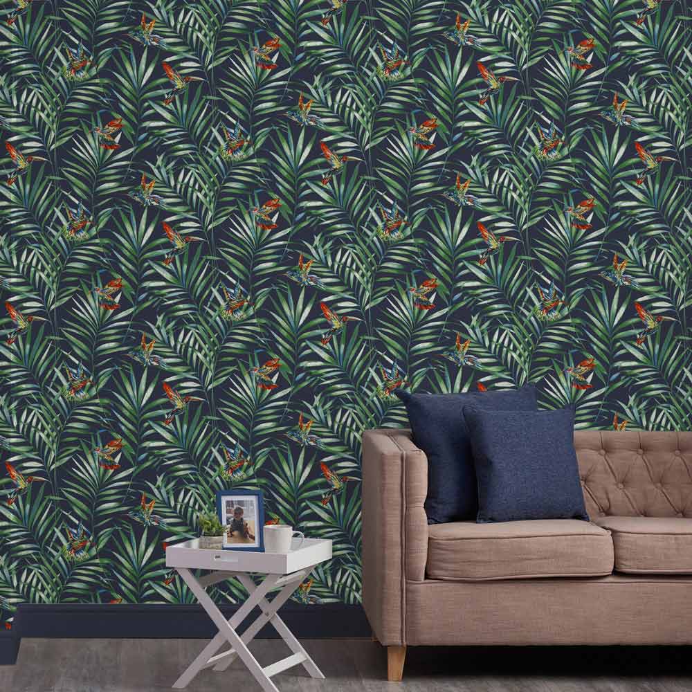 Fresco Hummingbird Navy Tropical Floral Wallpaper Image 5