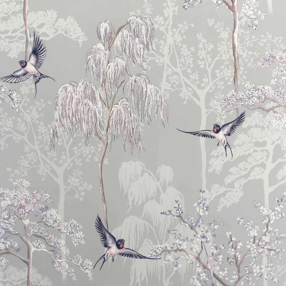 Arthouse Japanese Garden Grey Wallpaper  - wilko This Japanese Garden from Arthouse is an eye-catching and stylish wallpaper that will augment the look of your interior space. Its design is filled with beautiful hand-drawn oriental trees and birds on a soft grey coloured background. The hand-drawn pattern is enhanced with pearlescent highlights that add interest and texture to the design. This wallpaper is the perfect choice for a feature wall in a living room, a bedroom, or a hallway. Paste the paper. Arthouse Japanese Garden Grey Wallpaper