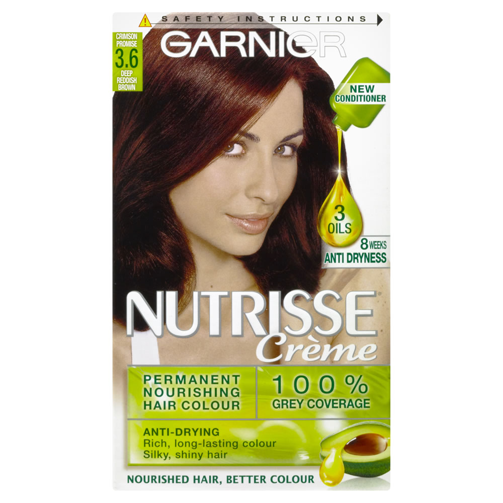 Garnier Nutrisse 3.6 Deep Reddish Brown Permanent Hair Dye  - wilko Garnier Nutrisse Crème provides permanent nourishing hair colour with up to 100% grey coverage. The formula is enriched with Shea Butter and 3 oils; avocado, olive and blackcurrant, to leave your hair feeling silky and looking shiny. It also helps protect against dryness until your next colour, giving radiant colour for up to 8 weeks. The non-drip crème is so easy to work through your hair.  Pack contains: 1 applicator bottle of Developer Creme 60ml, 1 tube of Colour Creme 40g , 1 sachet of Nourishing Cream Conditioner 60ml, 1 instruction leaflet and 1 pair of gloves.  Shade:3.6 Deep Reddish Brown  Warning: Hair colourants can cause severe allergic reactions. Always conduct an allergy test 48 hours before use. Keep out of reach of children. Read instructions fully before use.
