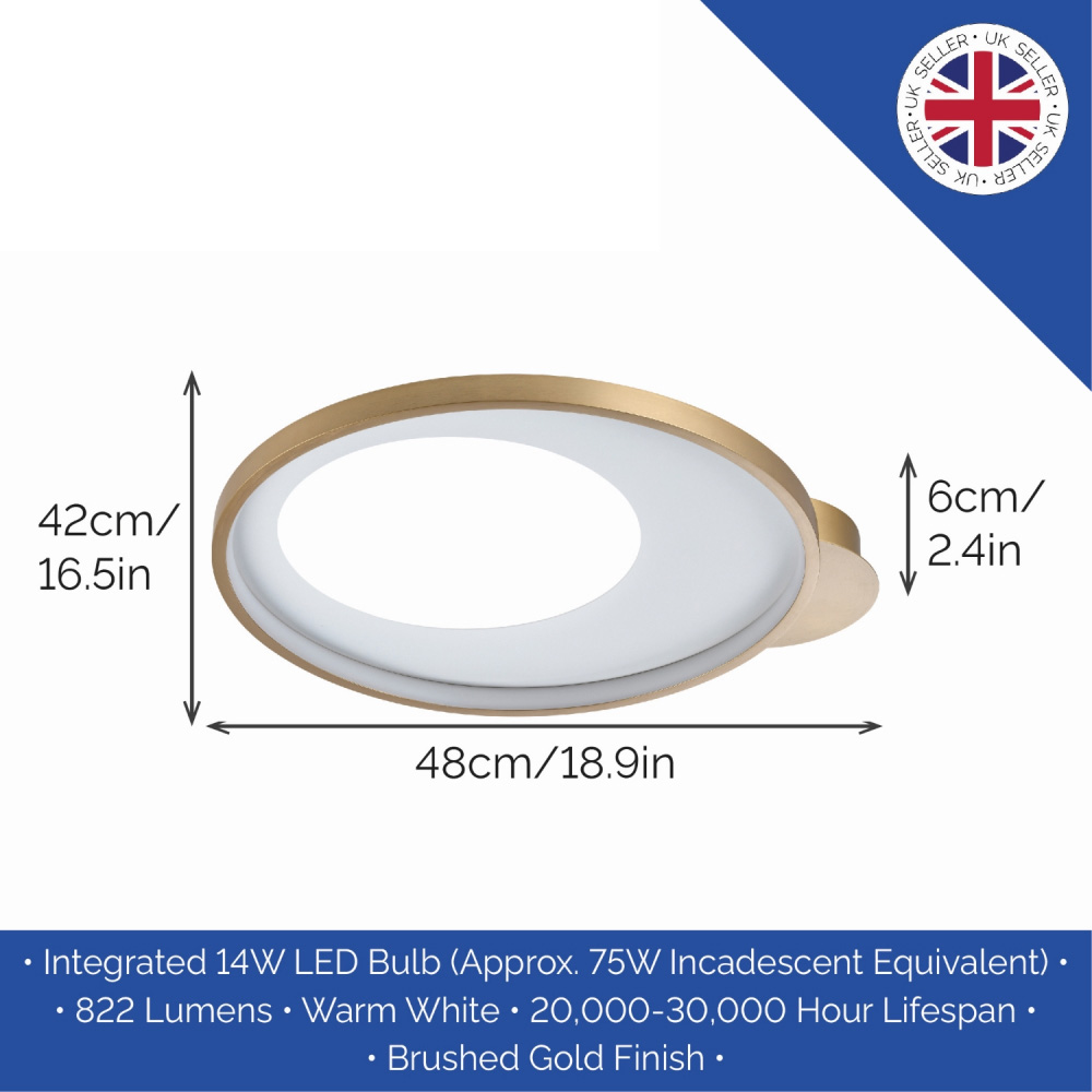 Happy Homewares Brushed Gold Low Energy LED Ceiling Light with Inner Opal White Acrylic Image 6