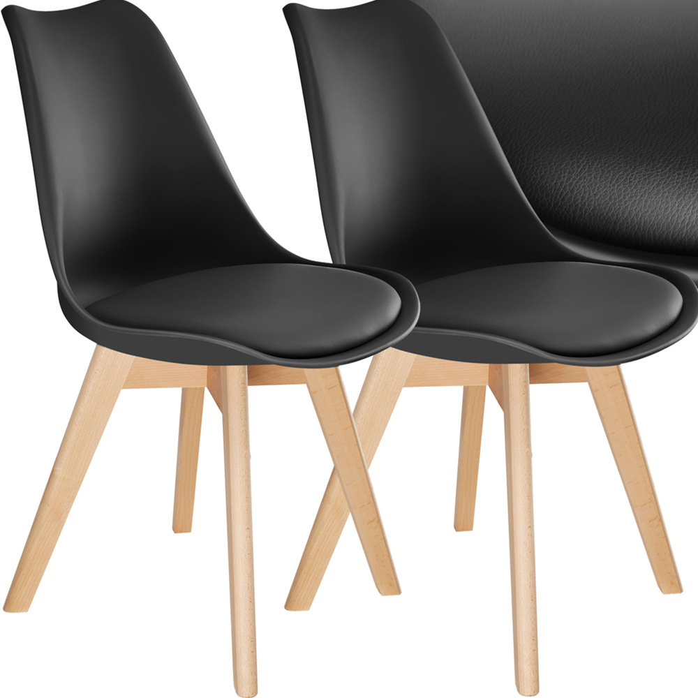 tectake Frederikke Set of 2 Black Padded Dining Chair with Wooden Legs Image 2