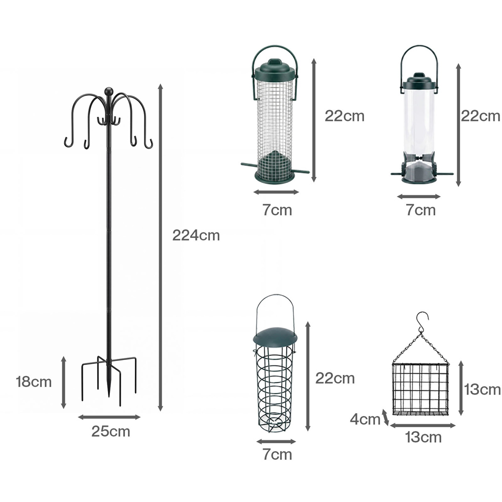 TOQUE Black Height Adjustable Complete Bird Feeding Station with 4 Feeders Image 9