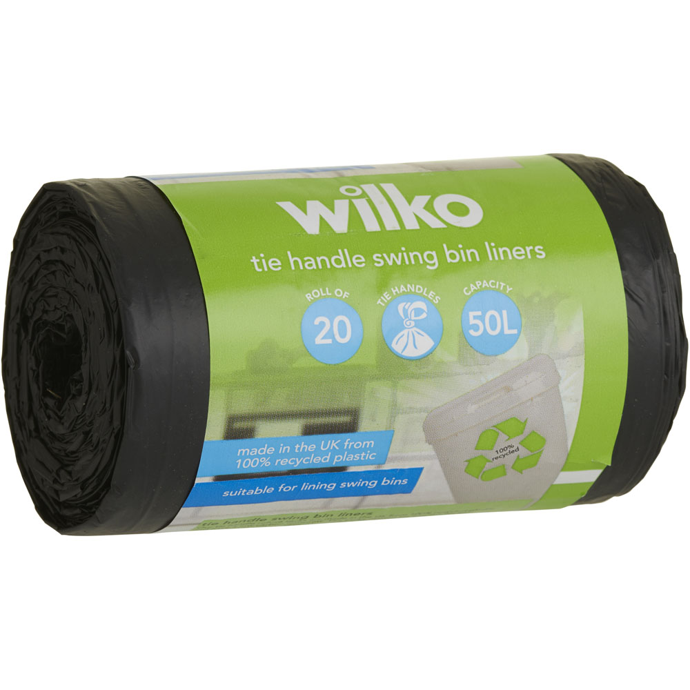 Wilko Tie Handle Swing Bin Liners Plastic Black 50L 20 Pack Image 1