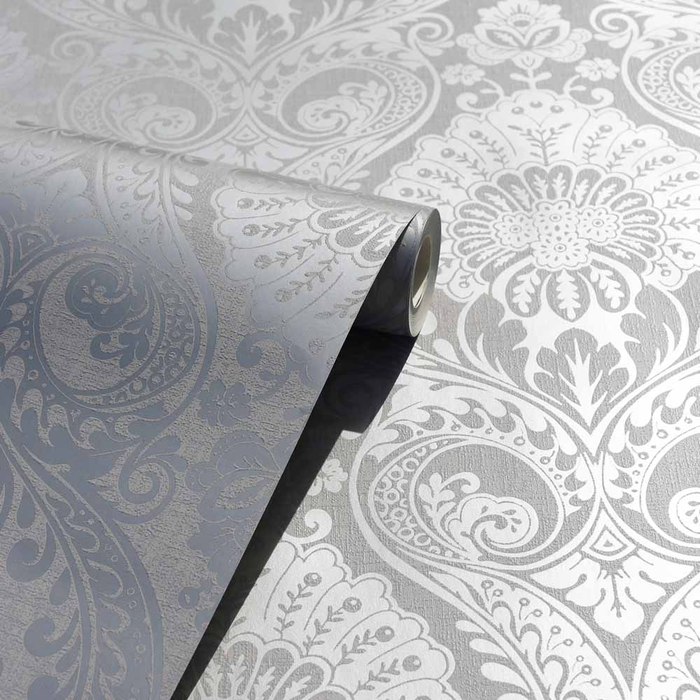 Arthouse Luxe Damask Silver Wallpaper Image 2