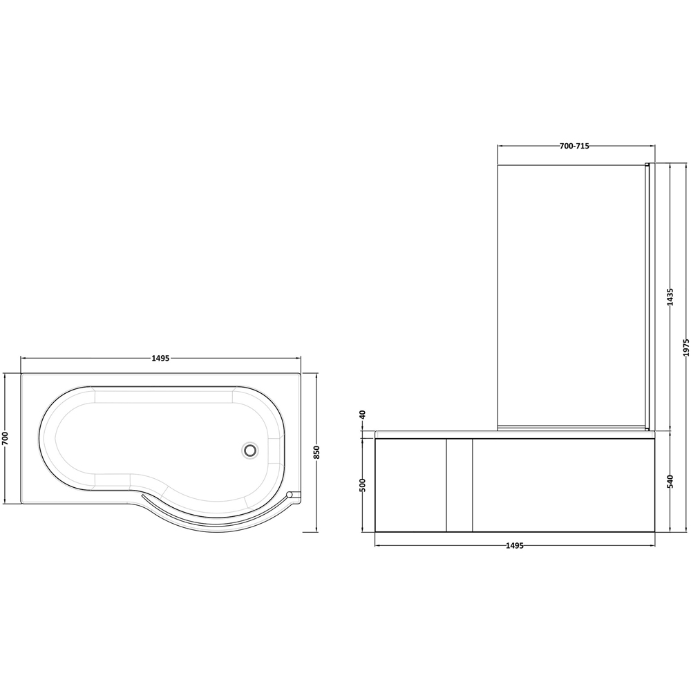 nuie 1500mm Right Hand P Shaped Bath Set Image 3