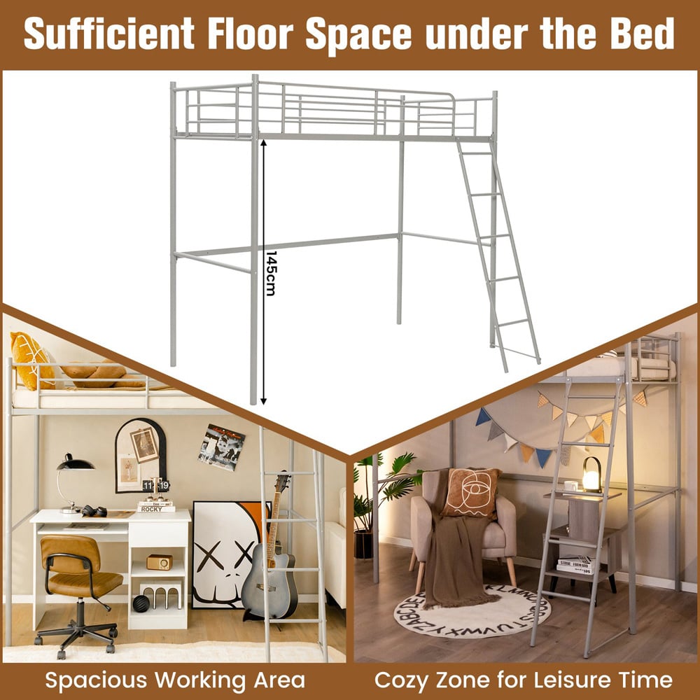 Costway Single Silver Metal High Sleeper with Ladder Image 8