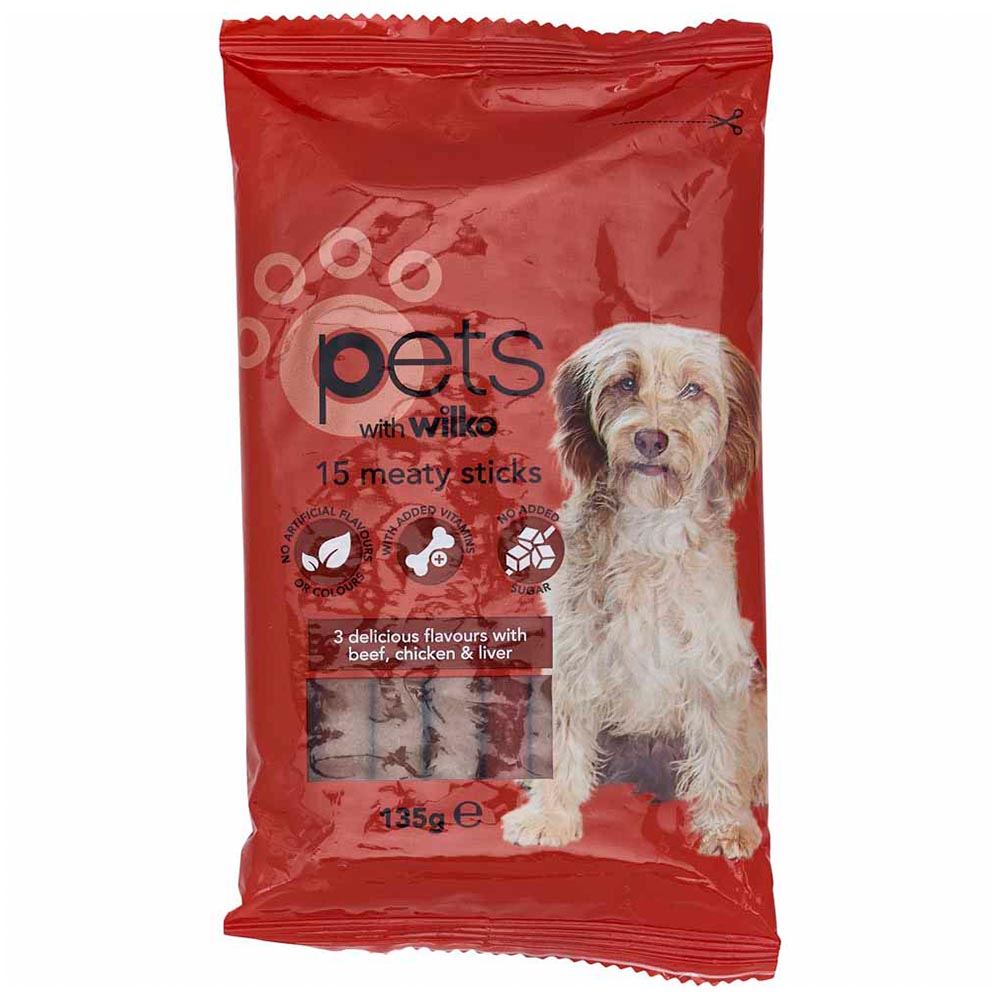 Wilko 15 pack Meaty Sticks with Beef, Chicken and Liver Dog Treats Image 1